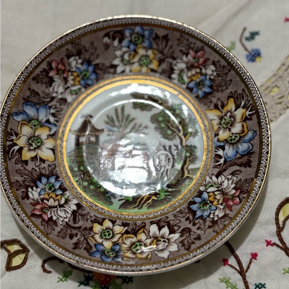 Vintage Brown and Blue Floral Serveware Plate with Pastoral Scene - Picture 3 of 7